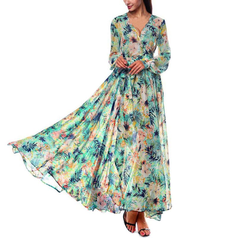 Summer Fall Women Long Sleeve V Neck Vestidos Floral Bohemian Maxi